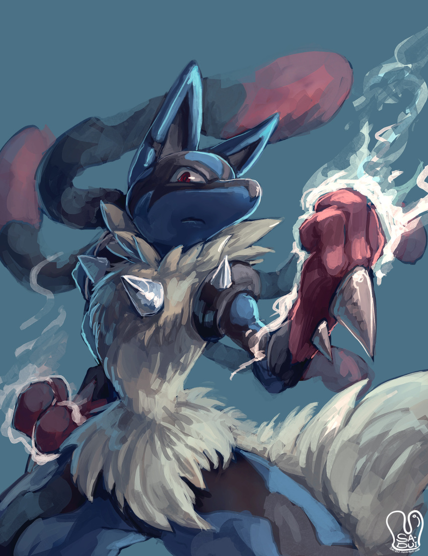 absurdres aura blue_background clenched_hands closed_mouth commentary_request fighting_stance gen_4_pokemon highres looking_at_viewer lucario mega_lucario mega_pokemon pokemon red_eyes sa-dui signature solo