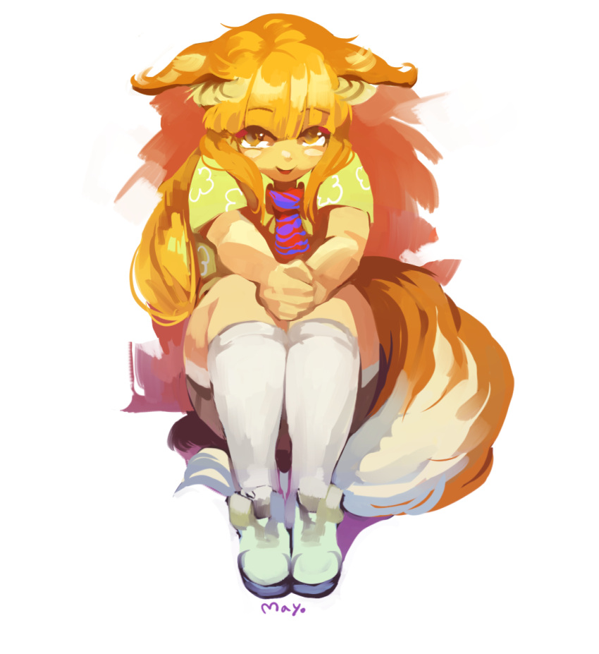 1girl :d animal_ears ankle_boots artist_name bangs bare_arms boots cloud_print collared_shirt ears_down eyebrows eyebrows_visible_through_hair fennekin fox_ears fox_girl fox_tail full_body gen_6_pokemon green_footwear green_shirt hands_together highres horizontal_stripes kneehighs legs_together long_hair mayo_cha necktie open_mouth orange_eyes orange_hair personification pokemon pokemon_(game) pokemon_xy shirt short_sleeves sidelocks simple_background sitting smile solo striped striped_neckwear tail tongue white_background white_legwear