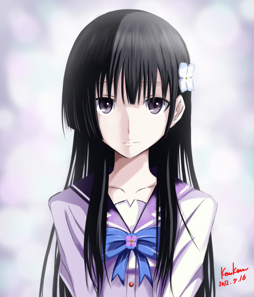 1girl 2012 black_eyes black_hair blue_bow blue_neckwear bow bowtie collarbone dated grey_shirt hair_ornament highres kem_kem long_hair looking_at_viewer sanka_rea sankarea school_uniform shirt signature solo uniform upper_body very_long_hair