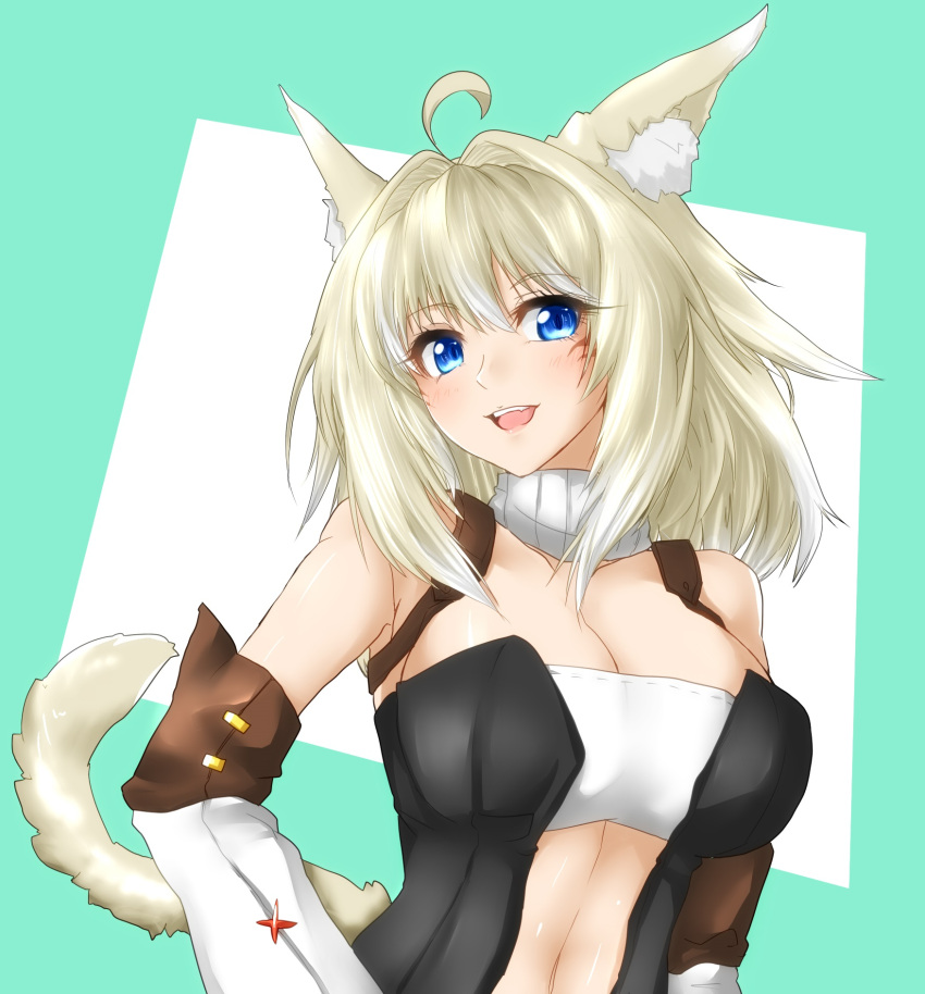 1girl :d ahoge animal_ears bare_shoulders black_dress blonde_hair blue_eyes breasts cat_ears cat_tail commentary_request detached_sleeves dress eyebrows_visible_through_hair final_fantasy final_fantasy_xiv green_background hair_intakes highres large_breasts looking_at_viewer minarai_tenna miqo'te open_mouth smile solo tail upper_body whisker_markings
