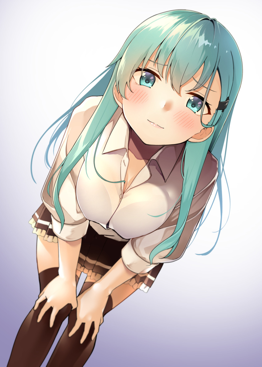 1girl blouse blush breasts brown_legwear brown_skirt buttons byte_(allbyte) green_eyes green_hair hair_between_eyes highres kantai_collection large_breasts long_hair pleated_skirt puffy_sleeves skirt solo suzuya_(kantai_collection) thigh-highs white_blouse