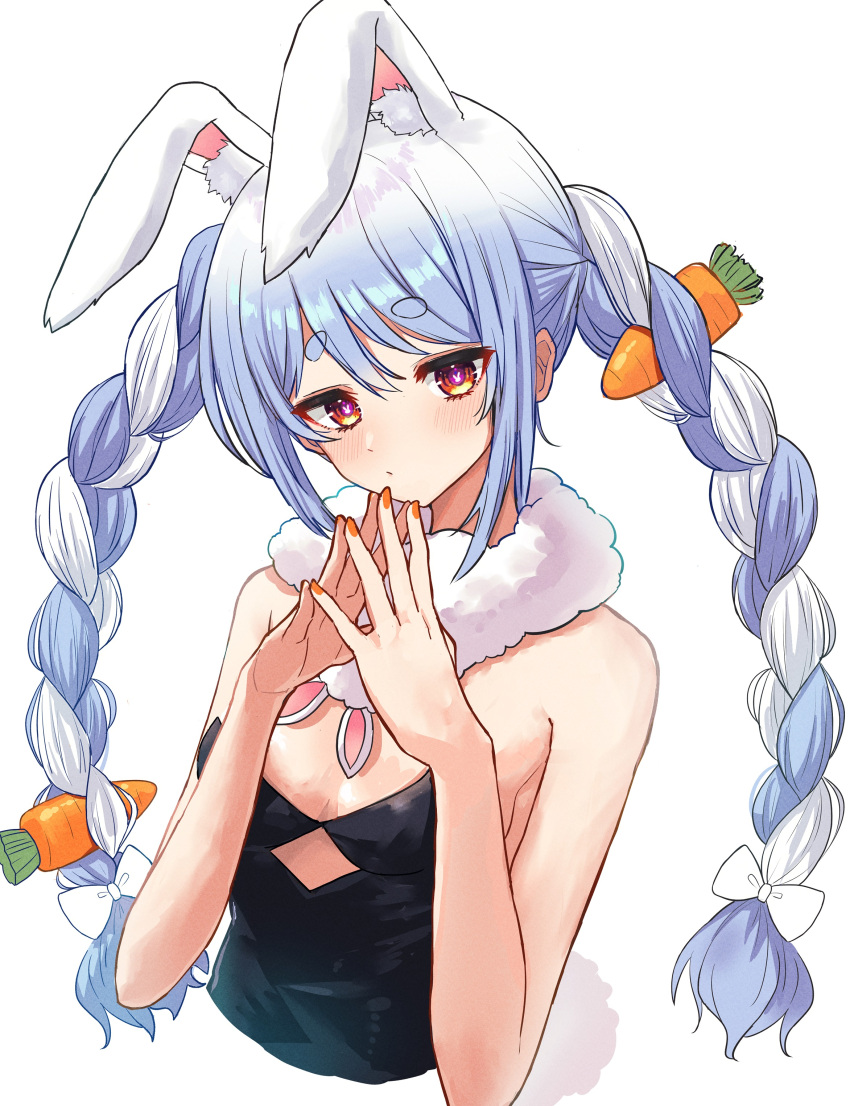 1girl absurdres animal_ear_fluff animal_ears arms_up blue_hair braid breasts carrot_hair_ornament fingers_together food-themed_hair_ornament hair_ornament highres hololive long_hair looking_at_viewer multicolored_hair nail_polish orange_nails rabbit_ears rabbit_girl shirt simple_background sleeveless sleeveless_shirt small_breasts solo strapless strapless_shirt symbol-shaped_pupils tagosaku_(tatsukiuma0329) thick_eyebrows twin_braids twintails two-tone_hair upper_body usada_pekora virtual_youtuber white_background white_hair