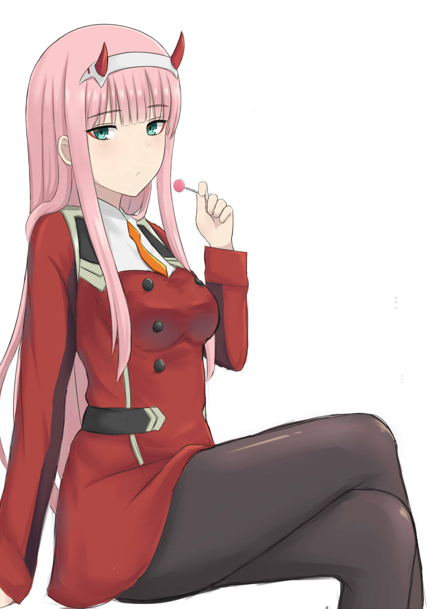 1girl absurdres aqua_eyes black_legwear breasts candy darling_in_the_franxx eyebrows_visible_through_hair food hairband hank_(spider921) highres holding holding_food horns legs_crossed lollipop looking_at_viewer orange_neckwear pantyhose pilot_suit pink_hair simple_background sitting solo uniform white_hairband zero_two_(darling_in_the_franxx)