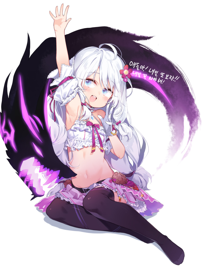 1girl arm_up armpits black_legwear blue_eyes crop_top flower gloves hair_flower hair_ornament highres korean long_hair low-tied_long_hair midriff navel open_mouth silver_hair single_glove sitting skirt solo soul_worker stella_unibell takotsu thigh-highs translation_request white_gloves white_skirt