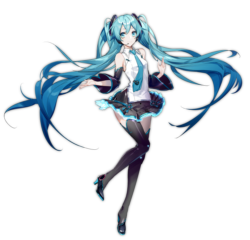 1girl aqua_eyes aqua_hair detached_sleeves floating_hair full_body hatsune_miku headset high_heels highres long_hair necktie simple_background skirt solo thigh-highs twintails very_long_hair vocaloid white_background yyb