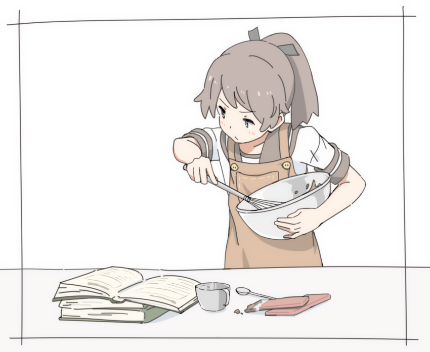 1girl apron book bowl brown_hair chocolate chocolate_bar kantai_collection ponytail reading sailor_collar school_uniform serafuku shikinami_(kantai_collection) simple_background solo wachi_(hati1186) whisk white_background