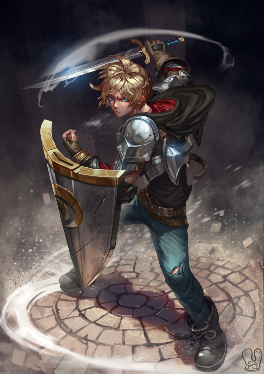1boy absurdres armor belt black_shirt blonde_hair blue_eyes blue_pants boots brown_gloves closed_mouth commentary denim gloves highres holding holding_sword holding_weapon jaune_arc jeans legs_apart original pants rwby sa-dui shield shirt signature solo spaulders standing swinging sword torn_clothes torn_jeans torn_pants weapon