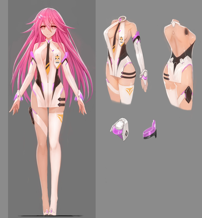 1girl 300_heroes android bare_shoulders breasts center_opening character_profile cleavage closed_mouth collarbone grey_background hair_ornament hairclip highres long_hair medium_breasts multiple_views navel necktie pink_hair red_eyes single_thighhigh smile solo tattoo thigh-highs thigh_strap zhuore_zhi_hen