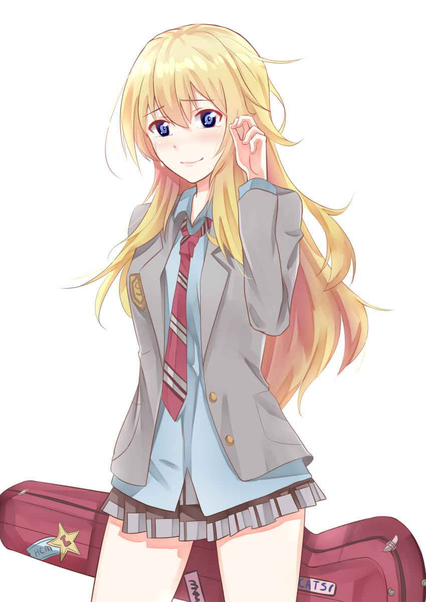 1girl absurdres arm_up badge bangs blonde_hair blue_eyes blue_shirt closed_mouth cowboy_shot eyebrows_visible_through_hair grey_jacket grey_skirt hair_between_eyes hair_over_shoulder highres holding jacket long_hair looking_at_viewer miniskirt miyazono_kawori necktie open_clothes open_jacket pleated_skirt raised_eyebrows red_neckwear school_uniform shigatsu_wa_kimi_no_uso shirt simple_background skirt smile solo standing sticker striped striped_neckwear tareme tears tucao_xiansen violin_case