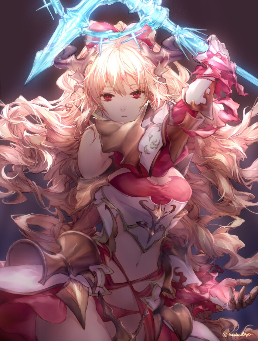 1girl armor bare_shoulders bikini_bottom blonde_hair breasts cleavage elbow_gloves frown gauntlets gloves granblue_fantasy hair_ribbon highres horns long_hair michudx navel red_eyes ribbon solo torn_clothes vira_lilie wavy_hair