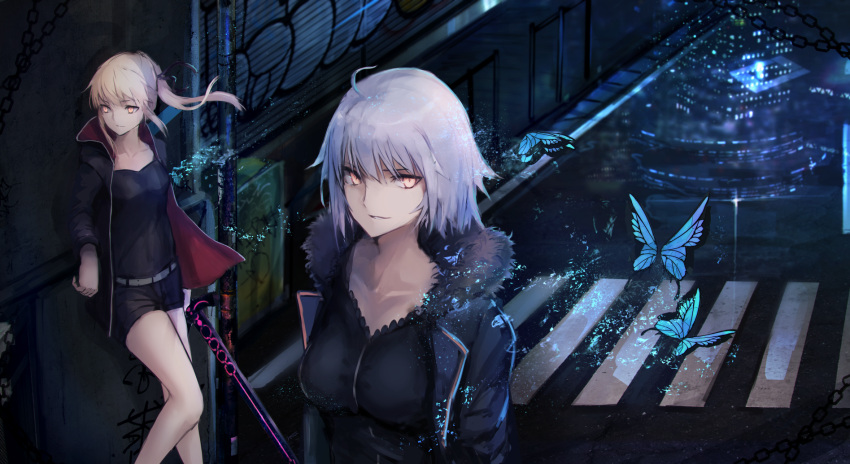 2girls ahoge artoria_pendragon_(all) bangs black_coat black_shirt blonde_hair breasts chains coat crosswalk fate/grand_order fate_(series) fur_trim highres jeanne_d'arc_(alter)_(fate) jeanne_d'arc_(fate)_(all) long_sleeves looking_at_viewer medium_breasts multiple_girls outdoors parted_lips ponytail rean_(r_ean) reflection saber_alter shirt short_hair silver_hair smile standing yellow_eyes