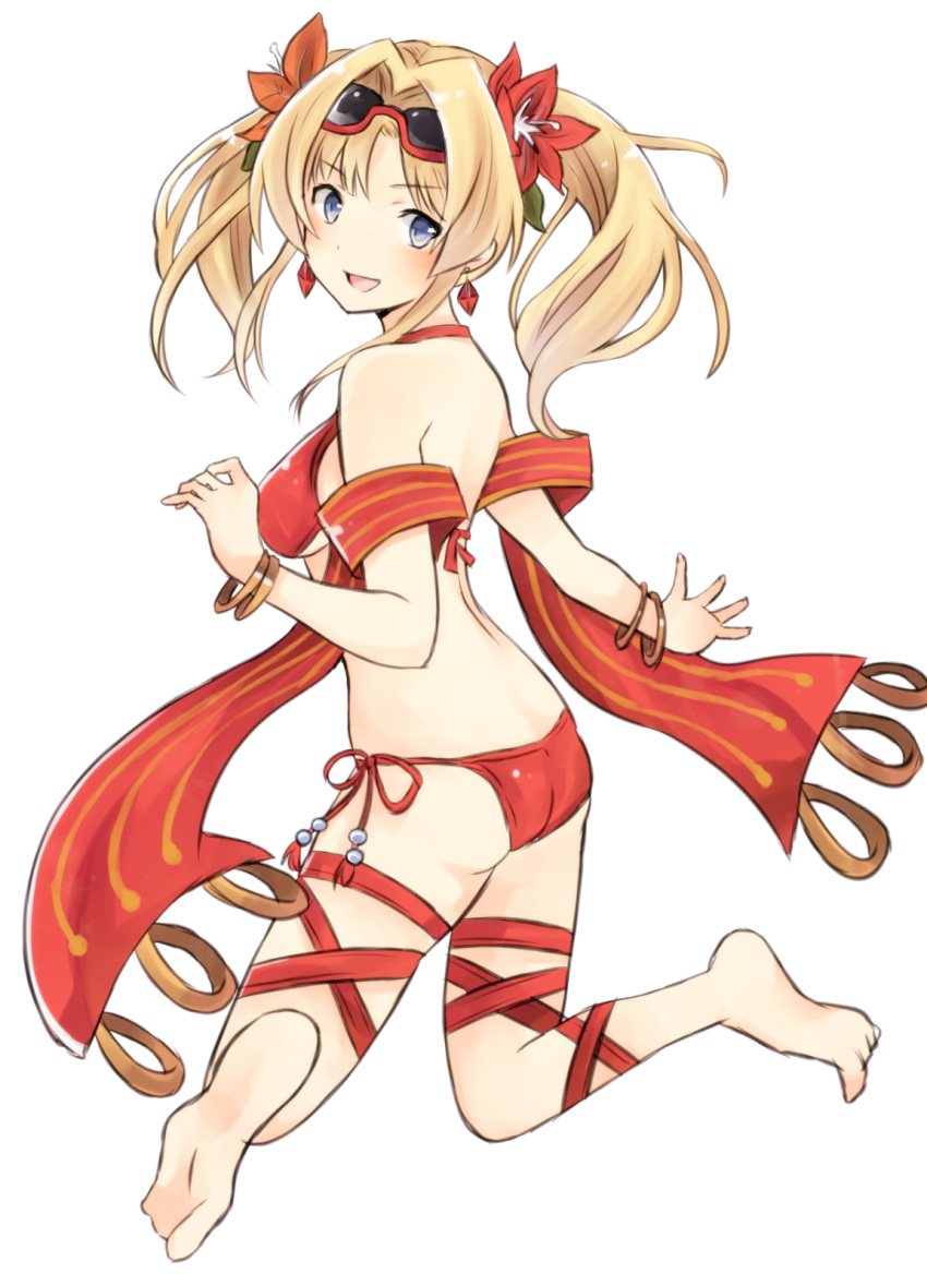 1girl :d ass barefoot batapi bikini blonde_hair blue_eyes bracelet breasts earrings eyebrows_visible_through_hair eyewear_on_head flower from_behind full_body granblue_fantasy hair_flower hair_ornament highres jewelry long_hair looking_at_viewer medium_breasts open_mouth red-framed_eyewear red_bikini red_flower ribbon semi-rimless_eyewear side-tie_bikini sideboob simple_background smile solo striped sunglasses swimsuit thigh_ribbon twintails under-rim_eyewear white_background zeta_(granblue_fantasy)