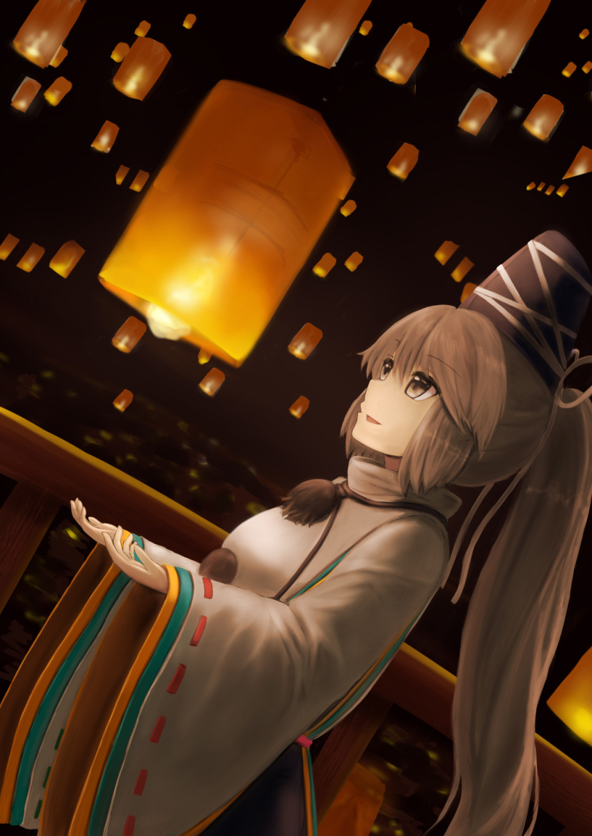 1girl bangs blurry brown_eyes brown_hair cowboy_shot depth_of_field dutch_angle from_side grey_hair hands_up hat high_collar highres japanese_clothes kariginu lantern light_smile long_sleeves looking_away luke_(kyeftss) mononobe_no_futo night open_hands open_mouth outdoors paper_lantern pom_pom_(clothes) ponytail profile railing ribbon-trimmed_sleeves ribbon_trim sideways_mouth sky_lantern solo standing tate_eboshi touhou wide_sleeves