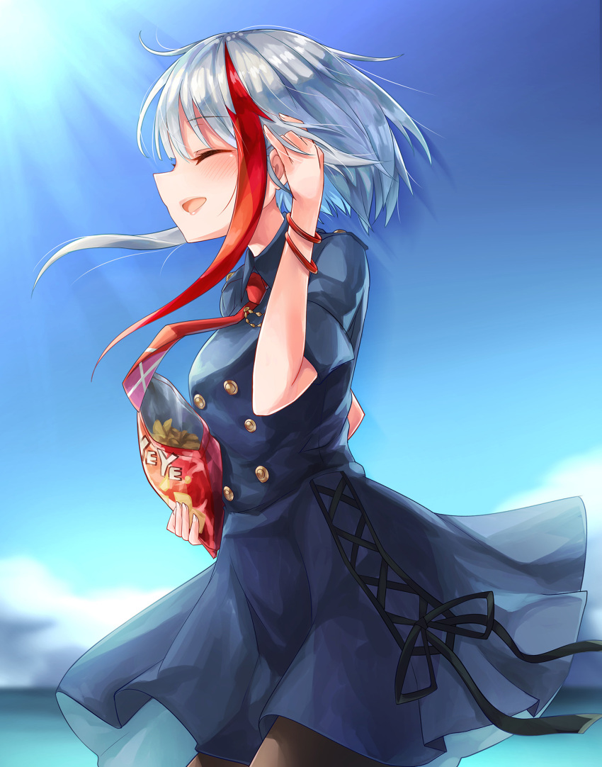 1girl :d ^_^ alternate_costume azur_lane black_dress blue_sky blurry chips closed_eyes commentary_request depth_of_field dress food graf_spee_(azur_lane) highres holding horizon multicolored_hair necktie ocean open_mouth oshishio potato_chips short_hair silver_hair sky smile snack solo two-tone_hair wind
