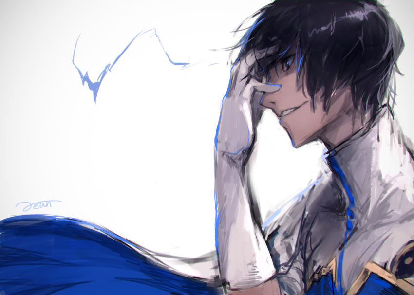 1boy arjuna_(fate/grand_order) blue_cape brown_eyes brown_hair cape dark_skin fate/grand_order fate_(series) from_side gloves grey_background hand_up male_focus multicolored multicolored_cape multicolored_clothes parted_lips profile rean_(r_ean) signature smile upper_body white_cape white_gloves