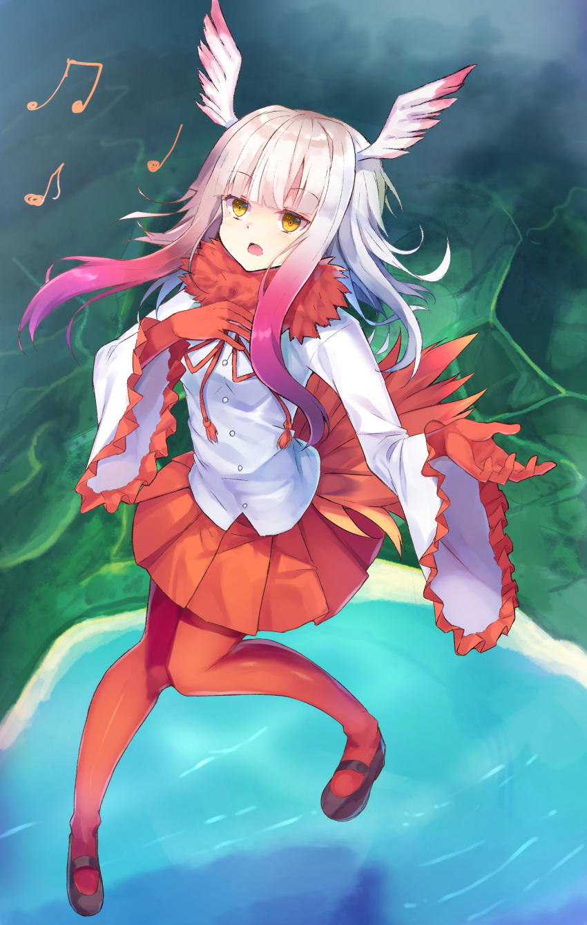 1girl absurdres beamed_eighth_notes eighth_note eyebrows_visible_through_hair hand_on_own_chest head_wings highres hopepe japanese_crested_ibis_(kemono_friends) kemono_friends long_hair looking_away mary_janes multicolored_hair music musical_note outdoors pantyhose parted_lips pink_hair quarter_note red_legwear red_skirt redhead shoes singing skirt solo white_hair yellow_eyes