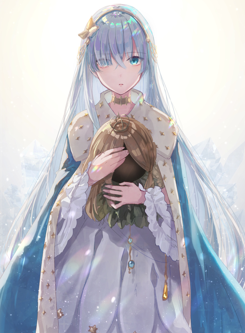 1girl anastasia_(fate/grand_order) bangs blue_eyes cape choker crossed_bangs crown doll dress eyebrows_visible_through_hair eyes_visible_through_hair fate/grand_order fate_(series) hair_between_eyes hair_over_one_eye hairband highres holding holding_doll ice jewelry long_hair looking_at_viewer mini_crown royal_robe shun-syun silver_hair solo standing very_long_hair white_dress winter