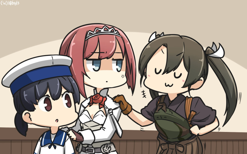 3girls :3 anger_vein ark_royal_(kantai_collection) bangs black_hair black_shirt blue_eyes blue_sailor_collar blunt_bangs bob_cut brown_eyes brown_gloves brown_hair brown_hakama camouflage cleavage_cutout closed_eyes commentary_request cowboy_shot dancing dress fingerless_gloves flower gloves grey_hair hairband hakama hakama_skirt hamu_koutarou hat hiburi_(kantai_collection) highres japanese_clothes kantai_collection long_hair long_sleeves low_twintails multiple_girls muneate red_flower red_ribbon red_rose redhead ribbon rose sailor_collar sailor_dress sailor_hat shirt short_hair tiara twintails white_hat zui_zui_dance zuikaku_(kantai_collection)