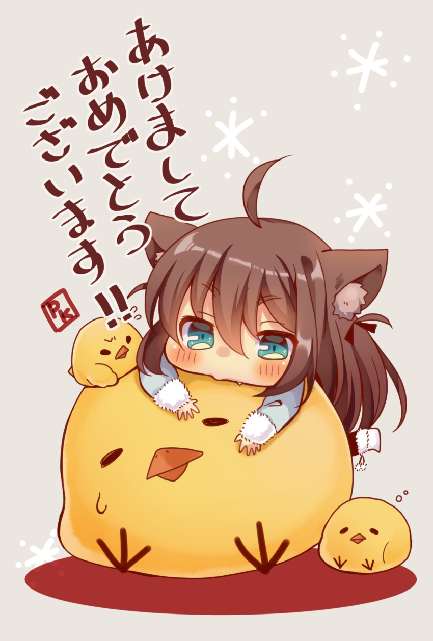 1girl ahoge animal_ears bangs bird black_legwear blue_eyes blush brown_background brown_hair cat_ears chibi chick commentary_request eyebrows_visible_through_hair fang fur-trimmed_boots fur-trimmed_sleeves fur_trim hair_between_eyes highres long_hair long_sleeves looking_at_viewer original pantyhose pk_(mukasihasakana) signature sleeves_past_wrists solo sweat translation_request very_long_hair white_footwear