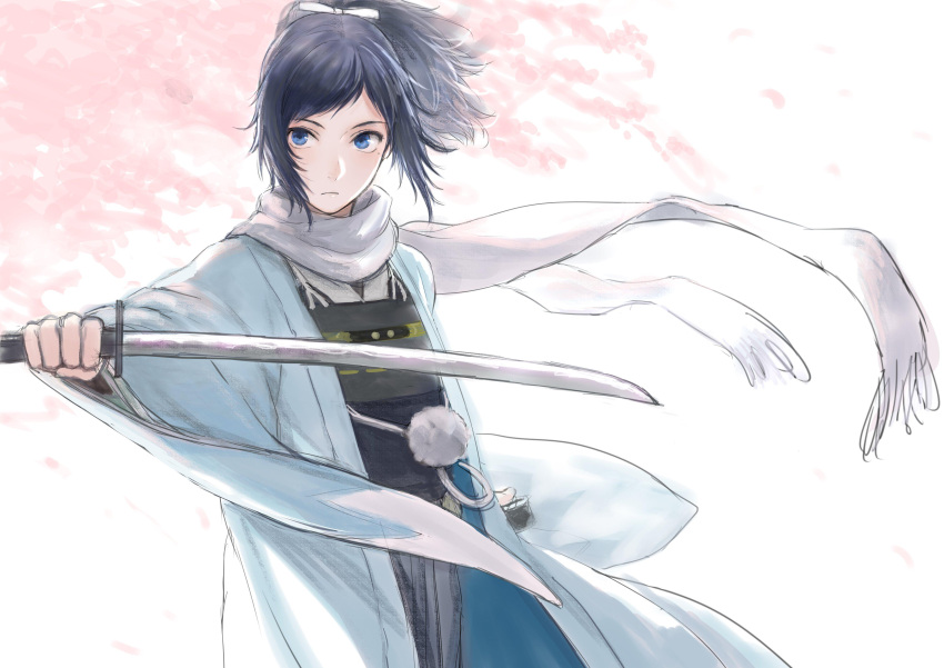 1boy absurdres blue_eyes blue_hair cherry_blossoms closed_mouth commentary_request highres holding holding_sword holding_weapon japanese_clothes katana long_sleeves looking_at_viewer ponytail romiy sash scabbard scarf sheath solo standing sword touken_ranbu unsheathed weapon white_scarf wide_sleeves yamato-no-kami_yasusada