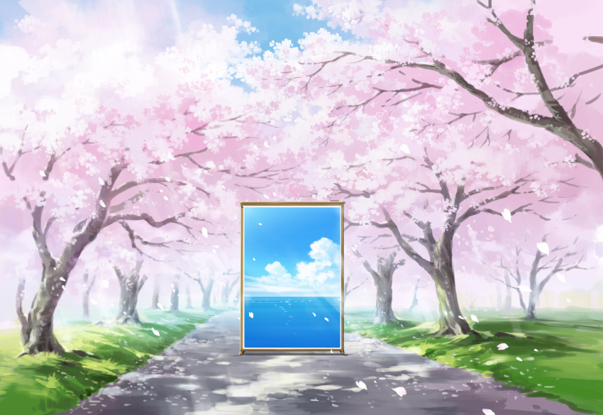 cherry_blossoms clouds commentary_request day fantasy grass highres light_rays nature nezuminezumi no_humans ocean original outdoors portal_(object) road scenery spring_(season) tree