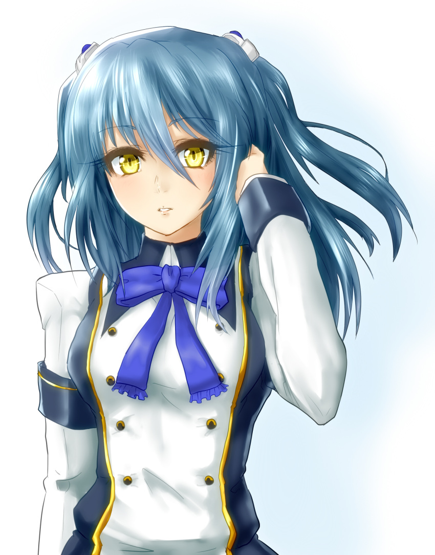 1girl blue_hair blue_neckwear bow bowtie eyebrows_visible_through_hair hair_between_eyes hand_up highres jacket long_sleeves looking_at_viewer minarai_tenna original parted_lips short_hair solo two_side_up upper_body yellow_eyes