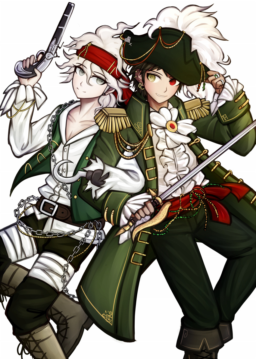 2boys alternate_costume antique_firearm black_hair dangan_ronpa earrings eyebrows_visible_through_hair firearm firelock flintlock grey_eyes gun hair_between_eyes hat headband heterochromia highres hinata_hajime holding holding_gun holding_sword holding_weapon hook_hand jewelry komaeda_nagito kurokku-tokei looking_at_another male_focus multiple_boys pirate_costume red_eyes ring simple_background smile super_dangan_ronpa_2 sword weapon white_background white_hair