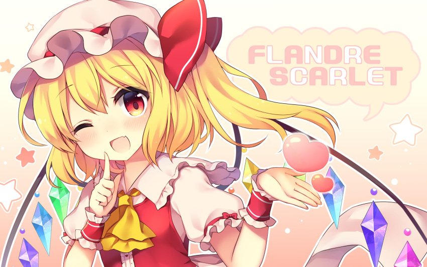 1girl ;d ascot blonde_hair blush character_name commentary_request eyebrows_visible_through_hair fang finger_to_face flandre_scarlet frilled_shirt_collar frills gradient gradient_background hair_between_eyes hand_up hat hat_ribbon head_tilt heart highres index_finger_raised looking_at_viewer mob_cap one_eye_closed open_mouth pink_background puffy_short_sleeves puffy_sleeves red_eyes red_ribbon red_vest ribbon ruhika short_hair short_sleeves side_ponytail smile solo star touhou upper_body vest white_background wings wrist_cuffs yellow_neckwear
