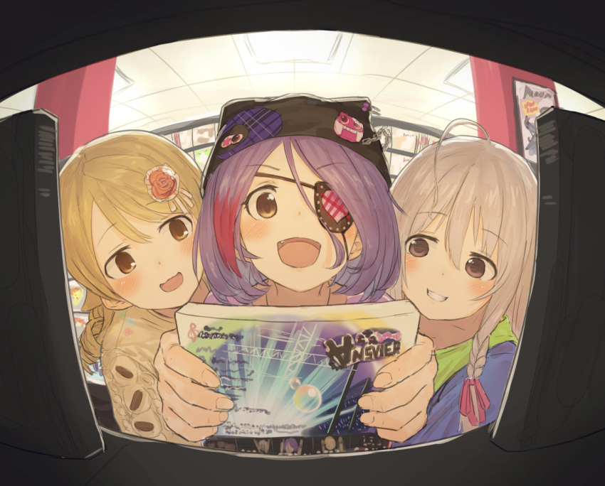 3girls ahoge animal_hat badge bionekojita blush braid brown_eyes cat_hat cd_case commentary drill_hair eyebrows_visible_through_hair eyepatch fang grey_eyes grey_hair hair_between_eyes hair_ornament hair_ribbon hat hayasaka_mirei heart heart_eyepatch hoshi_shouko idolmaster idolmaster_cinderella_girls idolmaster_cinderella_girls_starlight_stage individuals indoors light_brown_hair long_hair morikubo_nono multicolored_hair multiple_girls open_mouth purple_hair ribbon ringlets shelf short_hair side_braid single_braid smile streaked_hair sweater teeth two-tone_hair upper_body