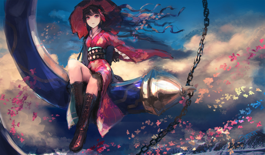 1girl boots brown_footwear brown_gloves commentary_request fate/grand_order fate_(series) gloves hair_ornament heavenly_boat_maanna highres ishtar_(fate/grand_order) japanese_clothes kimono long_hair long_sleeves looking_at_viewer obi outdoors parted_lips rean_(r_ean) red_eyes red_kimono sash sitting solo