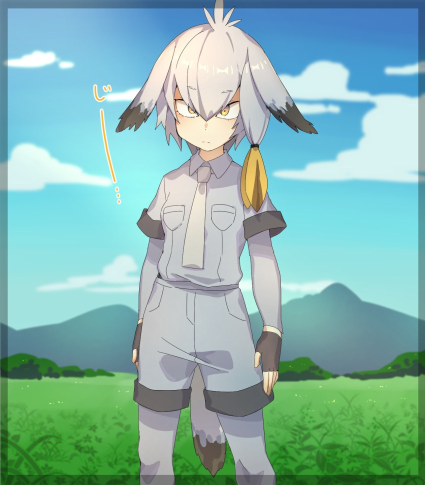 1girl bird_tail bird_wings blonde_hair bodysuit_under_clothes breast_pocket check_translation clouds collared_shirt commentary_request cowboy_shot eguegukun eyebrows_visible_through_hair fingerless_gloves gloves grass grey_hair hair_tie head_wings highres kemono_friends mountain multicolored_hair necktie pocket shirt shoebill_(kemono_friends) short_hair short_sleeves shorts sky solo translation_request wings yellow_eyes