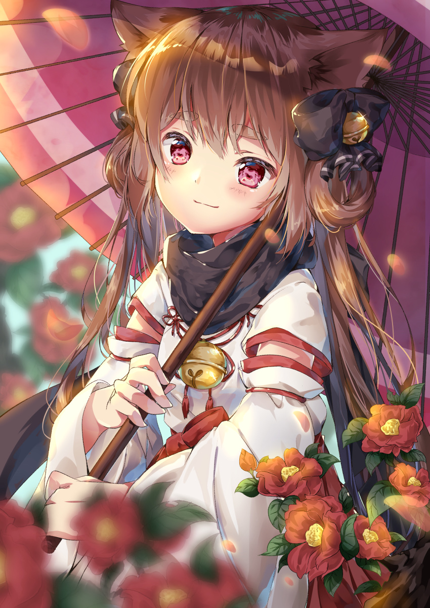 1girl absurdres amane_tari animal_ears bangs bell black_bow black_scarf blurry blurry_background blurry_foreground blush bow brown_hair cat_ears closed_mouth commentary_request depth_of_field eyebrows_visible_through_hair flower hair_bell hair_between_eyes hair_bow hair_ornament hair_rings highres holding holding_umbrella irori-san japanese_clothes jingle_bell kimono long_hair long_sleeves looking_at_viewer oriental_umbrella original petals purple_umbrella red_eyes red_flower scarf smile solo thick_eyebrows umbrella very_long_hair white_kimono wide_sleeves