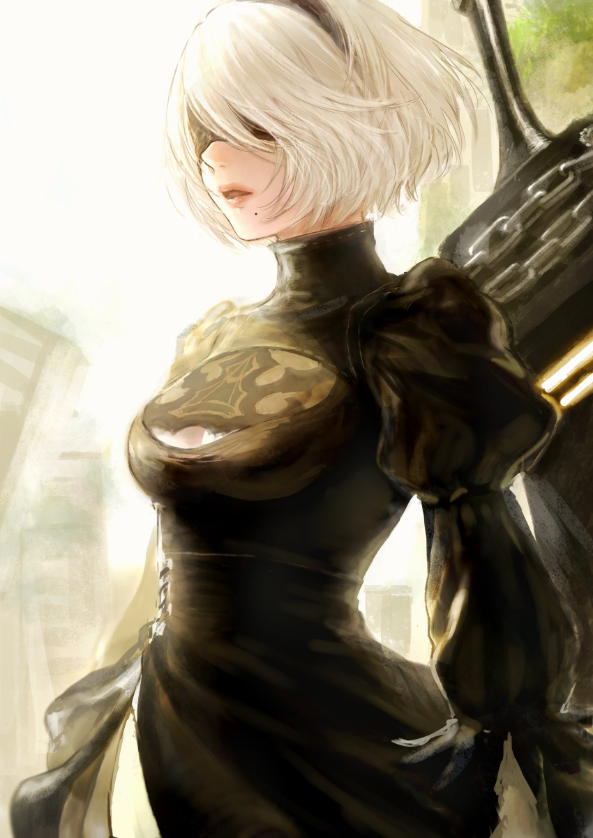 1girl absurdres black_dress blindfold covered_eyes dress hairband highres juliet_sleeves long_sleeves mole mole_under_eye nier_(series) nier_automata parted_lips puffy_sleeves romiy short_hair solo standing sword weapon white_hair yorha_no._2_type_b