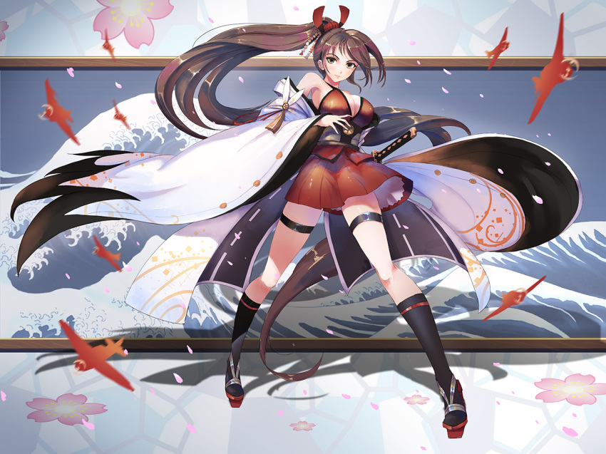 1girl aiguillette aircraft airplane armpits azur_lane bangs bare_shoulders black_legwear blush breasts brown_hair cleavage dress eyebrows_visible_through_hair floating_hair full_body hair_ornament hood hood_down iaidou japanese_clothes kaze_no_gyouja kneehighs large_breasts long_hair looking_at_viewer obi petals ponytail ribbon rigging rudder_shoes sash skindentation skirt smile solo standing sword tassel thigh_strap very_long_hair weapon wide_sleeves wind wind_lift zuikaku_(azur_lane)