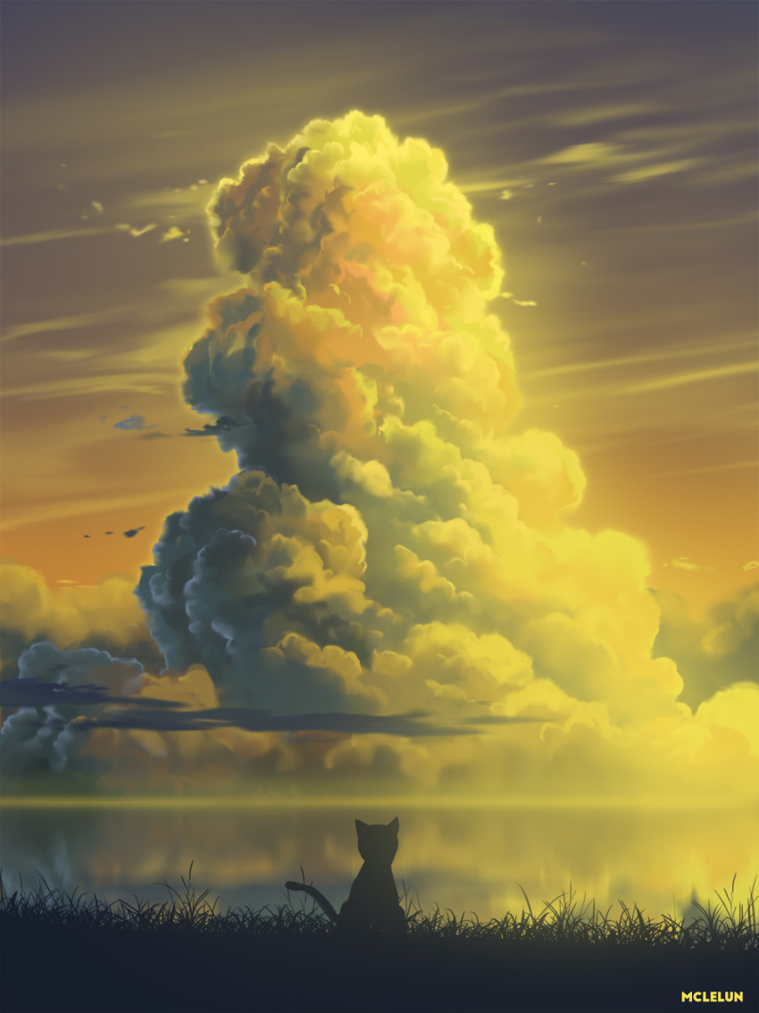 cat clouds cloudy_sky commentary english_commentary grass highres horizon lake mclelun no_humans original outdoors ribbon scenery signature silhouette sky sunset twilight yellow_sky