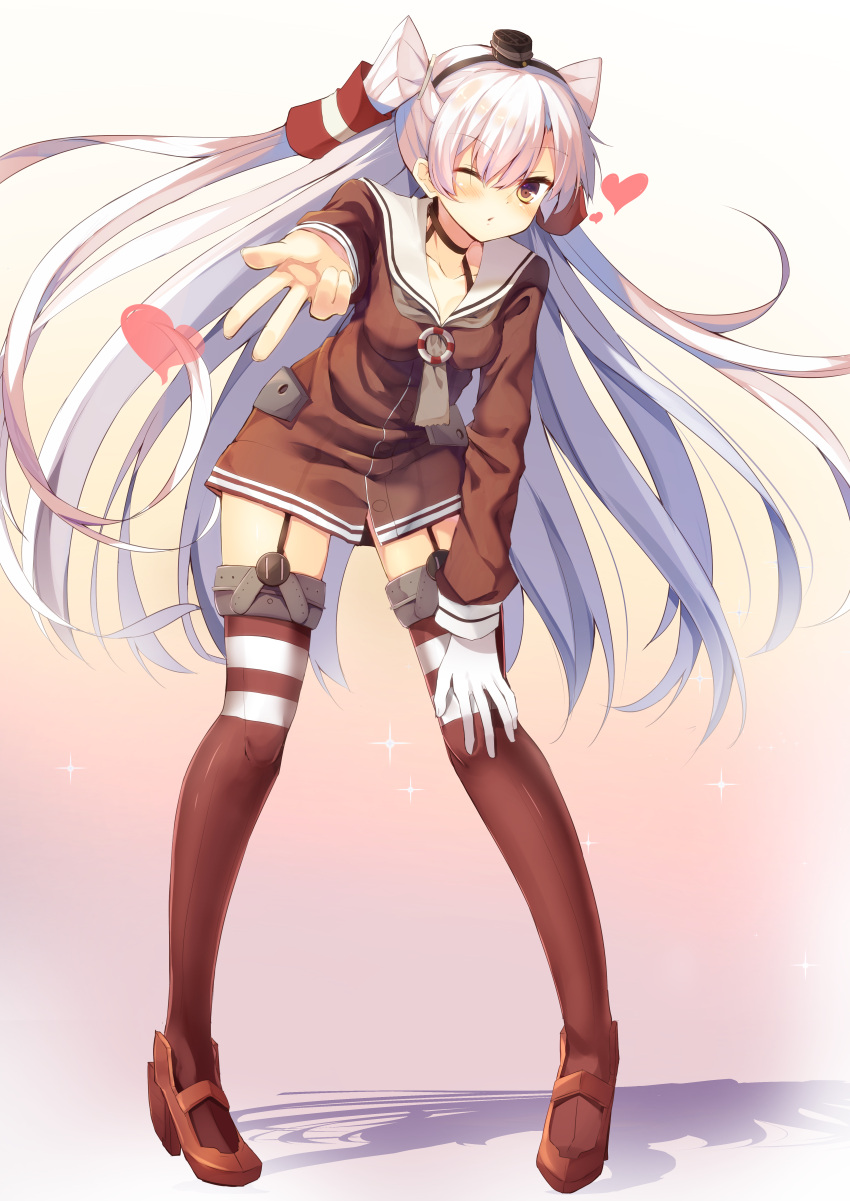 1girl ;o absurdres amatsukaze_(kantai_collection) asymmetrical_gloves blush brown_eyes collarbone full_body garter_straps gloves gradient gradient_background grey_hair hairband hand_on_own_knee hat heart highres hopepe jacket kantai_collection leaning_forward long_hair long_sleeves mini_hat one_eye_closed outstretched_arm red_footwear red_legwear sailor_collar school_uniform shade shoes simple_background solo standing thigh-highs two_side_up very_long_hair white_gloves zettai_ryouiki zipper