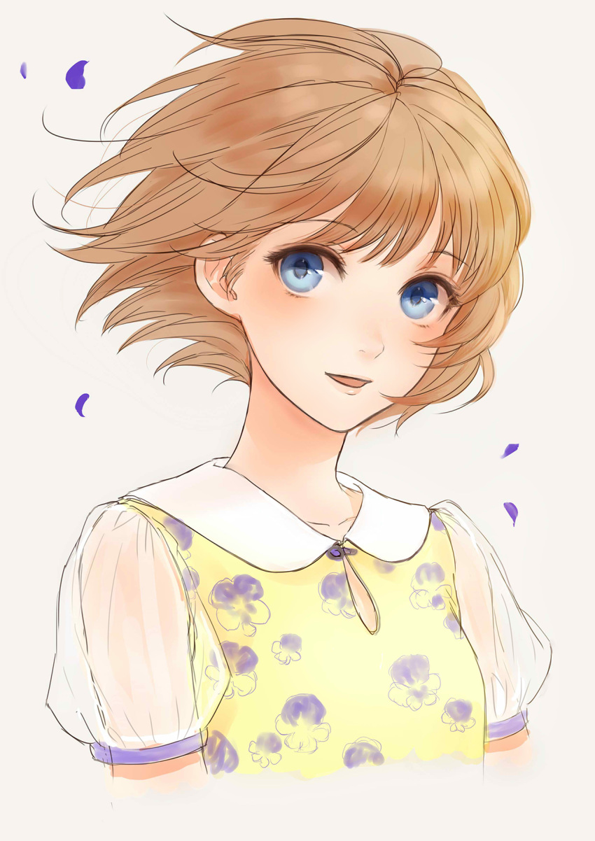 1girl bangs blue_eyes blush brown_hair cropped_torso dress eyebrows_visible_through_hair floating_hair highres looking_at_viewer original parted_lips petals pink_background puffy_short_sleeves puffy_sleeves romiy short_hair short_sleeves smile solo upper_body