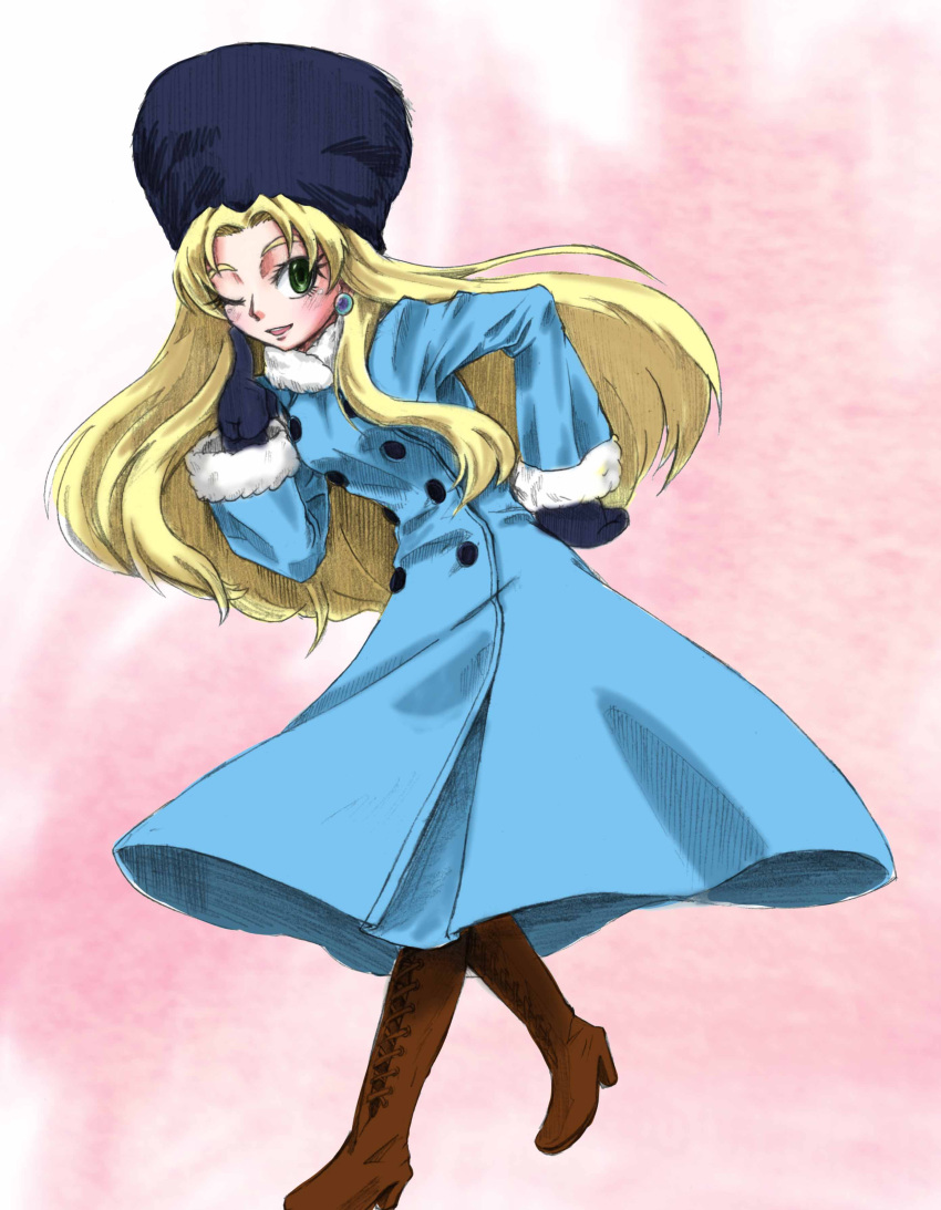 1girl absurdres black_gloves blonde_hair blue_coat blush boots breasts buttons capcom coat commentary_request earrings fur_hat fur_trim gloves green_eyes hand_on_hip hat high_heel_boots high_heels highres jewelry kalinka_cossack long_hair medium_breasts one_eye_closed rockman rockman_(classic) rockman_xover saikoraru solo traditional_media ushanka watercolor_(medium)