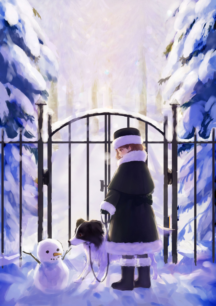 1girl absurdres boots capelet commentary_request dog dress fur_boots fur_trim gate highres leash long_sleeves original outdoors romiy snow snowing snowman solo standing tree winter