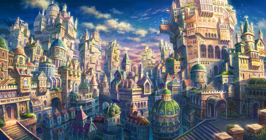 arch architecture bird blue_sky city cityscape clouds commentary_request fantasy flock gradient_sky highres kemi_neko no_humans original scenery sky stairs