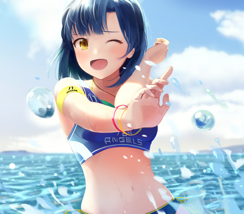1girl bangle bangs bikini blue_hair blurry blush bracelet clouds cloudy_sky commentary_request day depth_of_field highres hinoshita_akame idolmaster idolmaster_million_live! idolmaster_million_live!_theater_days jewelry nanao_yuriko navel ocean one_eye_closed open_mouth outdoors short_hair sky solo splashing swimsuit upper_body water wet yellow_eyes
