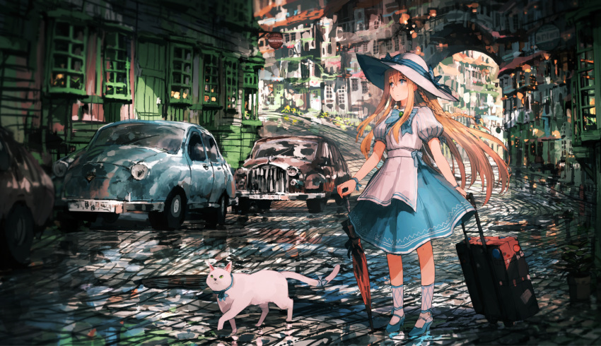 1girl animal bangs blonde_hair blue_eyes blue_footwear bow bowtie braid building car cat city closed_umbrella commentary_request dress ground_vehicle hair_ribbon hat hat_bow hat_ribbon highres holding jean_popo long_hair looking_away motor_vehicle original outdoors puffy_short_sleeves puffy_sleeves ribbon road rolling_suitcase shoes short_sleeves socks solo standing street sun_hat umbrella white_cat white_hat wrist_ribbon