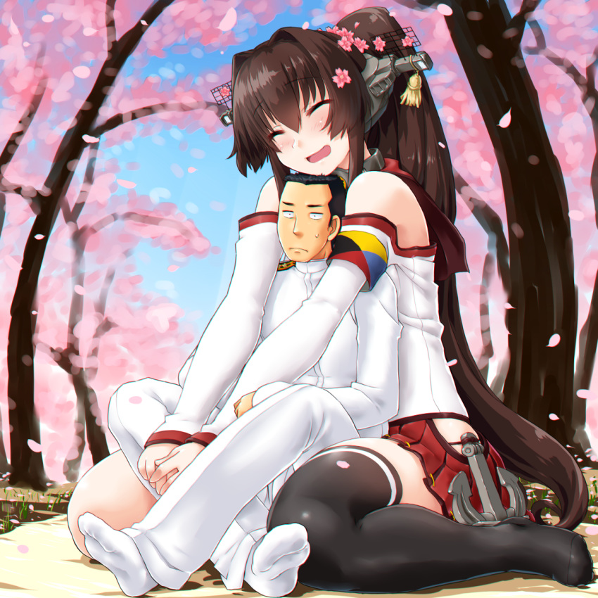 1boy 1girl admiral_(kantai_collection) anchor bare_shoulders between_legs black_legwear blush brown_hair cherry_blossoms closed_eyes day dd_(ijigendd) detached_sleeves from_behind headgear height_difference highres hug jacket kantai_collection long_hair long_sleeves outdoors pants pleated_skirt ponytail red_skirt single_thighhigh sitting size_difference skirt smile thigh-highs unamused wariza white_footwear white_jacket white_legwear white_pants yamato_(kantai_collection)