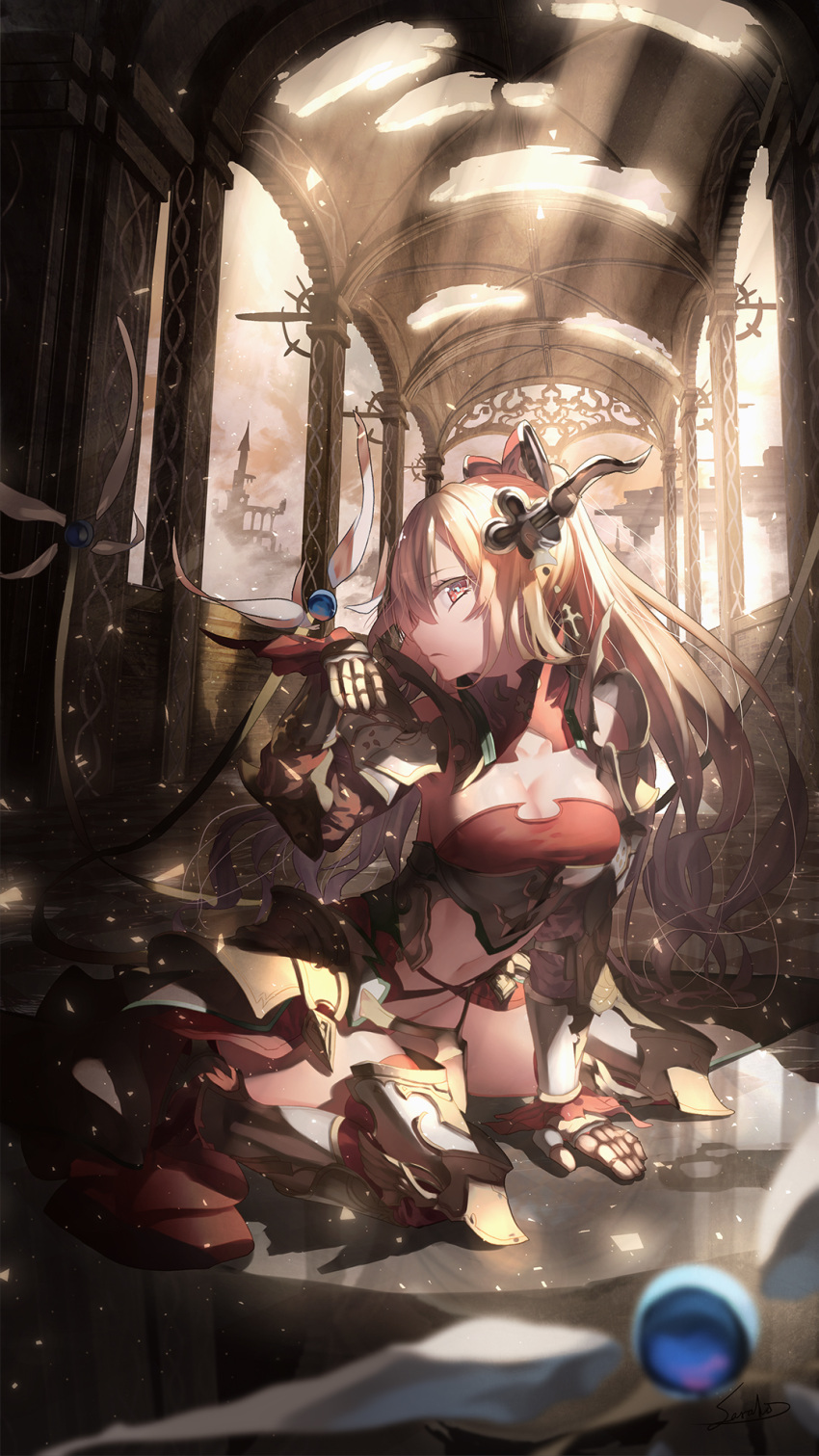 1girl amor arm_support armored_boots blonde_hair boots bow breasts brown_eyes cleavage day floating_hair gauntlets granblue_fantasy hair_bow high_ponytail highres horn kneeling long_hair looking_at_viewer medium_breasts midriff navel outdoors panties red_bow red_eyes red_panties ruins saraki sideboob solo spaulders stomach strapless thigh-highs thigh_boots underwear very_long_hair vira_lilie