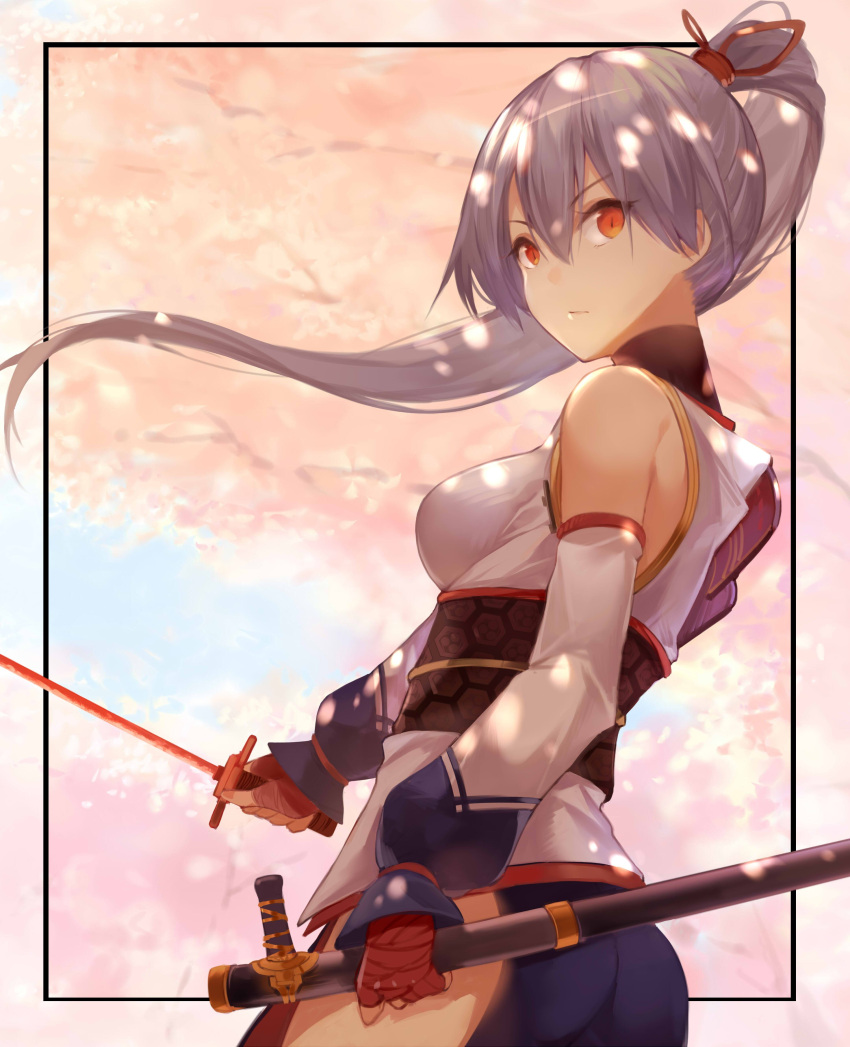 1girl absurdres detached_sleeves fate/grand_order fate_(series) fingerless_gloves gloves grey_hair hair_between_eyes hana_mori highres holding holding_sword holding_weapon japanese_clothes long_hair looking_back ponytail red_eyes sash slit_pupils solo sword tomoe_gozen_(fate/grand_order) weapon