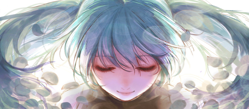 1girl blue_hair closed_eyes closed_mouth commentary_request facing_viewer floating_hair hatsune_miku highres lens_flare long_hair petals portrait romiy smile solo vocaloid
