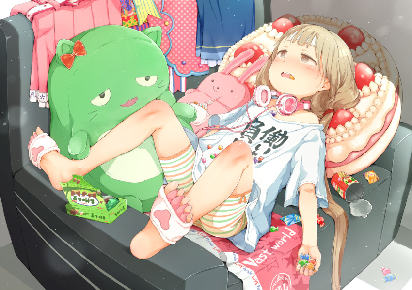 1girl armchair bangs bare_shoulders brown_eyes candy candy_wrapper chair collarbone eyebrows_visible_through_hair food food_in_mouth futaba_anzu gomennasai headphones headphones_around_neck holding holding_food idolmaster idolmaster_cinderella_girls idolmaster_cinderella_girls_starlight_stage light_brown_hair long_hair low_twintails lying off_shoulder on_back open_mouth polka_dot shirt short_shorts short_sleeves shorts soles solo striped striped_shorts stuffed_animal stuffed_bunny stuffed_cat stuffed_toy twintails very_long_hair white_shirt you_work_you_lose