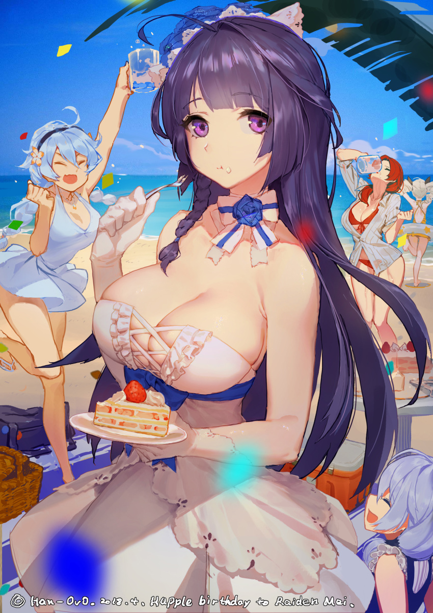 5girls :d :t ^_^ ^o^ ahoge arm_up arms_up artist_name bag bare_shoulders basket beach beach_towel benghuai_xueyuan bikini bikini_under_clothes black_hairband blue_dress blue_flower blue_rose blue_sky bow bowtie braid breasts cake casual_one-piece_swimsuit center_frills character_request cleavage clenched_hand closed_eyes closed_mouth clouds collarbone cup day dress drill_hair drinking drinking_glass duffel_bag eating facing_viewer flower food food_on_face fork frilled_dress frills front-tie_bikini front-tie_top fruit gloves grey_shirt hair_flower hair_ornament hair_over_shoulder hairband han-0v0 highres holding holding_drinking_glass holding_fork holding_plate honkai_impact innertube jewelry large_breasts leg_up long_hair multiple_girls necklace ocean one-piece_swimsuit open_clothes open_mouth open_shirt palm_leaf pendant plate purple_hair red_bikini red_ribbon redhead ribbon rose sand sandals shiny shiny_hair shirt shore short_sleeves side_braid sideways_mouth single_braid sky sleeveless sleeveless_dress slice_of_cake smile standing standing_on_one_leg straight_hair strapless strapless_dress strawberry striped striped_shirt swimsuit table towel twin_drills twintails vertical-striped_shirt vertical_stripes very_long_hair violet_eyes white_bow white_dress white_gloves white_neckwear yellow_swimsuit
