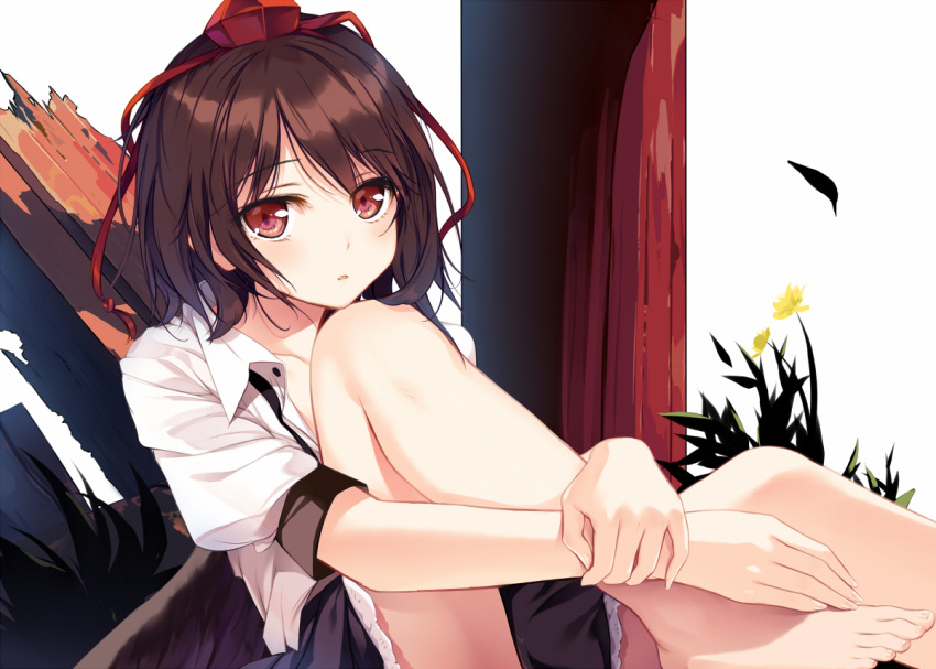 1girl :o bangs bare_legs barefoot black_skirt blush brown_hair collared_shirt eyebrows_visible_through_hair fallen_heaven grass hat knee_up leg_hug leg_up looking_at_viewer miniskirt own_hands_together parted_lips petticoat pillar puffy_short_sleeves puffy_sleeves red_eyes red_hat shameimaru_aya shiny shiny_hair shirt short_hair short_sleeves simple_background sitting skirt solo tokin_hat touhou white_background white_shirt wing_collar