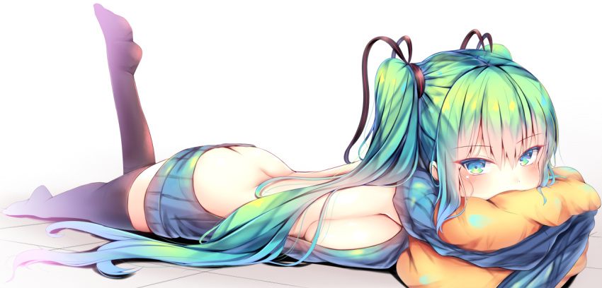 1girl ass bangs black_legwear blush breasts eyebrows_visible_through_hair from_side green_eyes green_hair hair_between_eyes hair_ribbon hatsune_miku kiseno long_hair looking_at_viewer lying medium_breasts meme_attire on_stomach pillow pillow_hug ribbon sideboob solo thigh-highs twintails very_long_hair virgin_killer_sweater vocaloid white_background